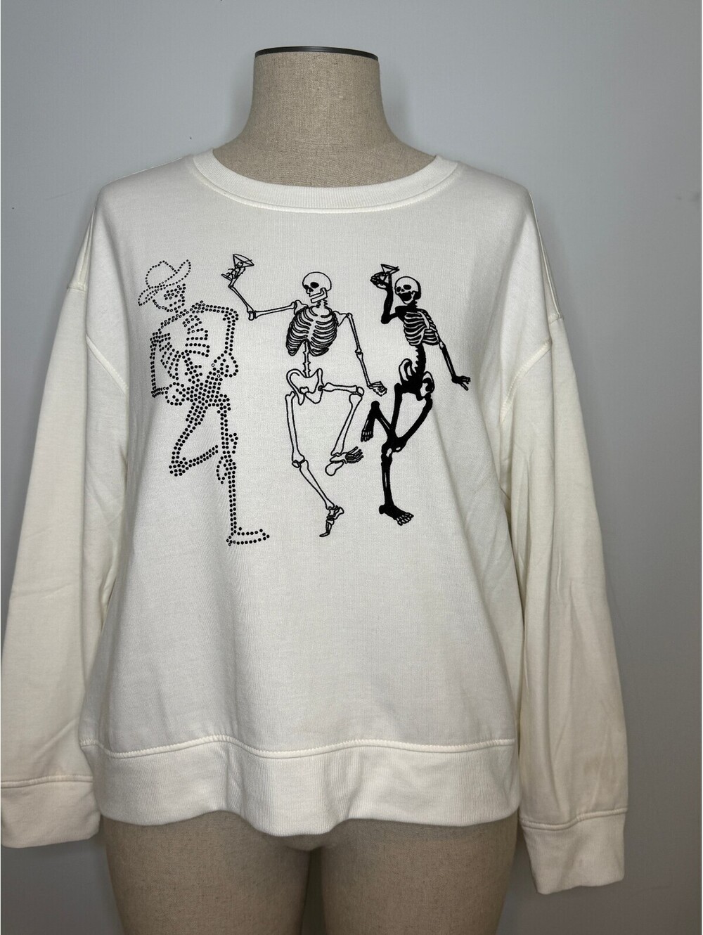 Jane + Delancey Embellished Dancing Skeletons Halloween Sweatshirt Cream XL